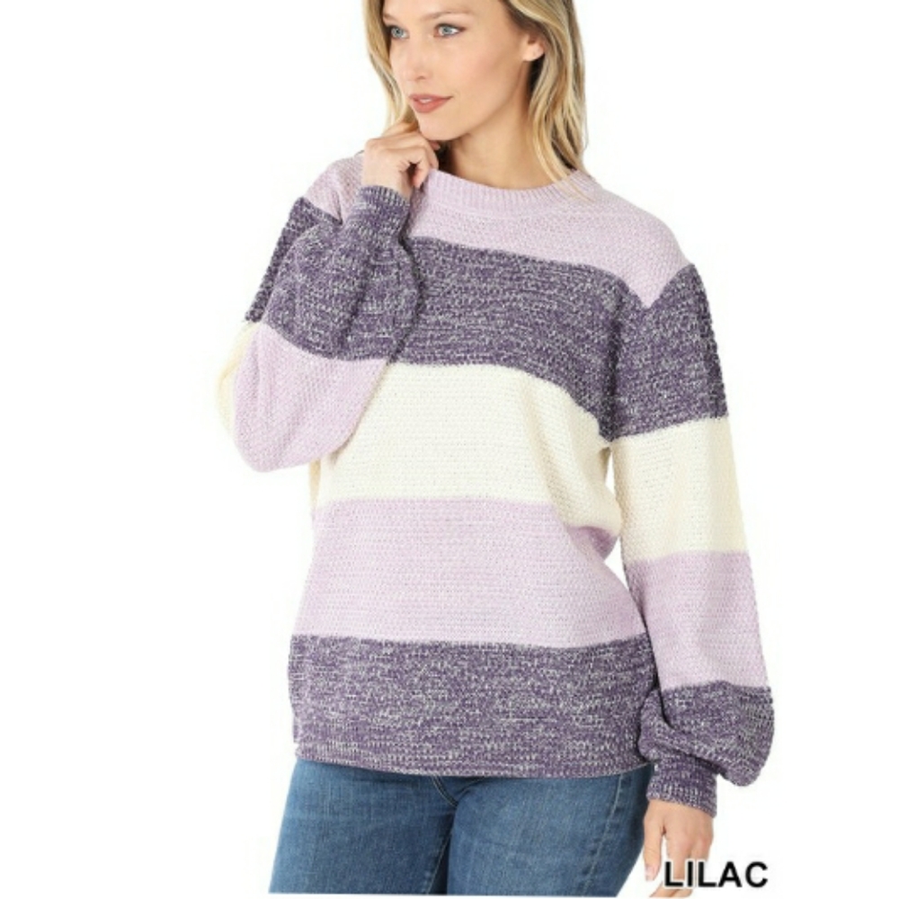 Relaxed Striped Crewneck Sweater in Lavender, Purple & Cream - Picture 3 of 6
